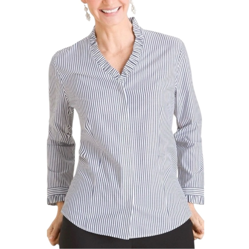 Chico's 0 Sz SMALL 4/6 Blue Denim Striped Button Down Ruffle Dress Shirt